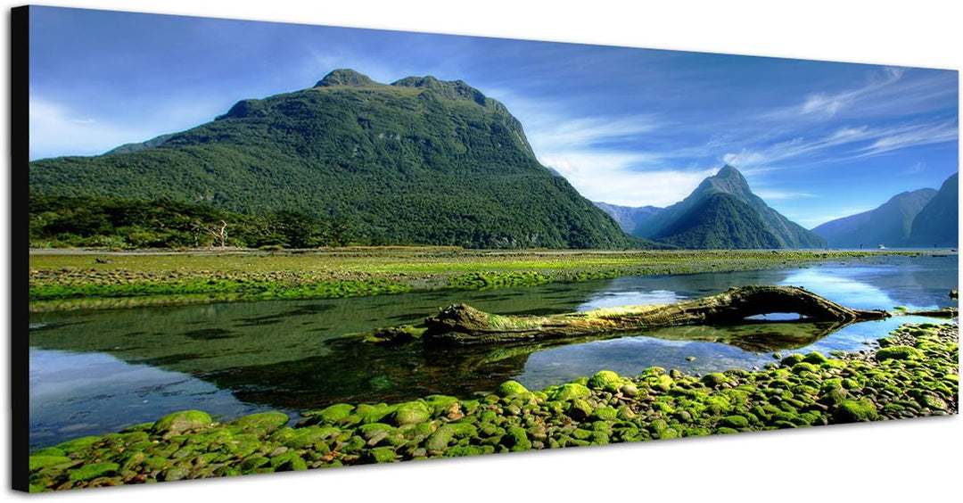 Paul Sinus Art Panoramabild auf Leinwand und Keilrahmen 120x40cm Neuseeland Berge Wasser Landschaft