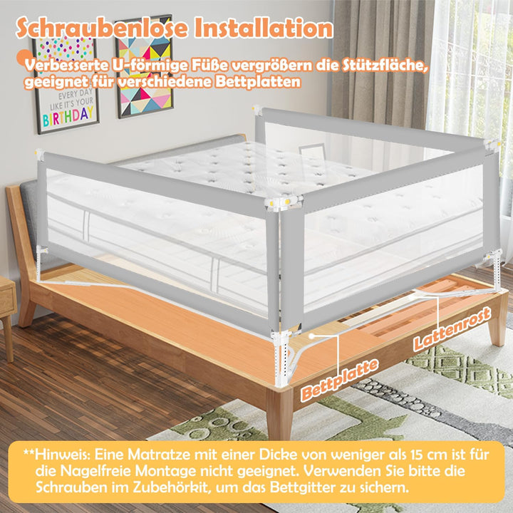 Bettgitter Rausfallschutz 200CMx2+180CMx1 Klappbar mit U-förmiger Basis, Bettschutzgitter Kinderbett