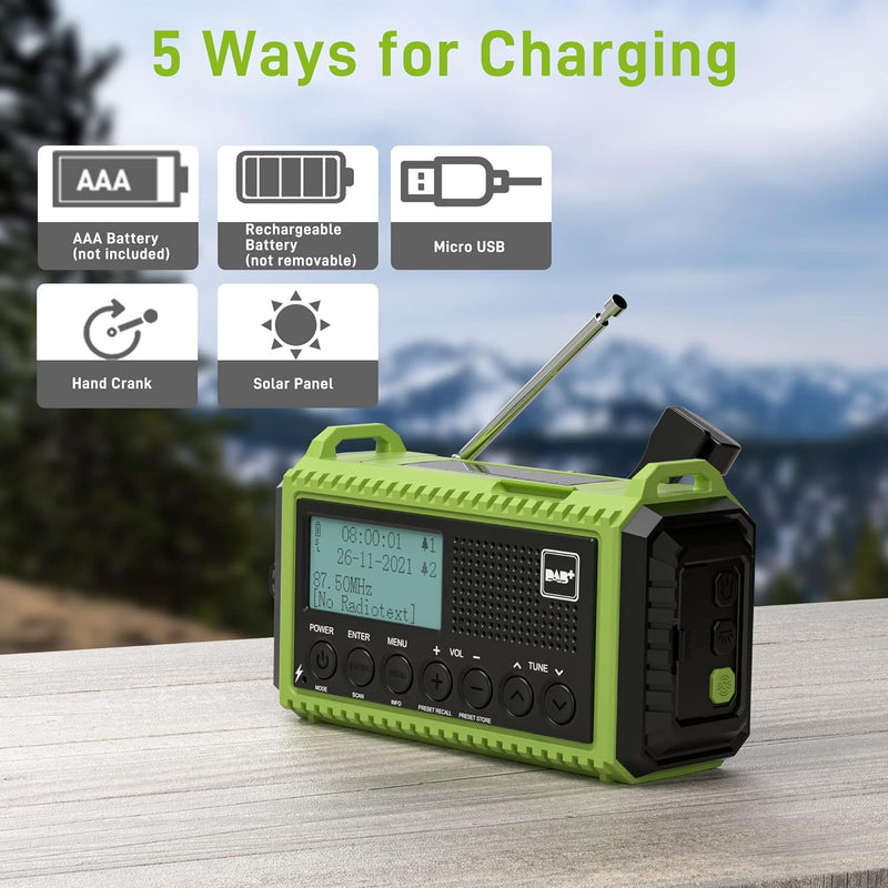 Kurbelradio DAB/UKW mit Akku 5000mAh, Tragbare Solar Radio mit LED Taschenlampe & Leselicht, DAB+ Ba