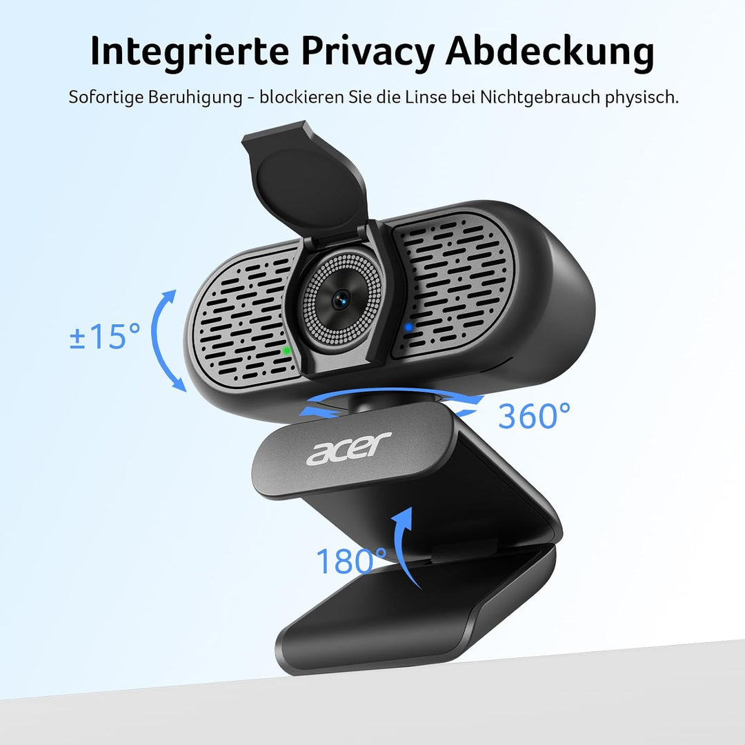 Acer A640 4K-Webcam mit Sony-Sensor, 2K/1080p@60fps, PDAF, Noise-Cancel-Mic, Privacy-Shutter, USB-A-