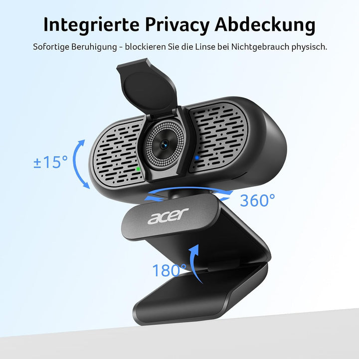 Acer A640 4K-Webcam mit Sony-Sensor, 2K/1080p@60fps, PDAF, Noise-Cancel-Mic, Privacy-Shutter, USB-A-