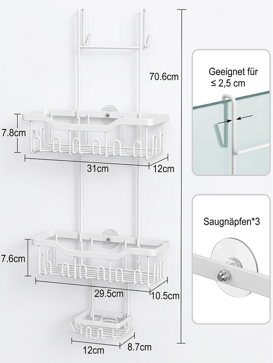 Duschablage zum Hängen, Duschregal Ohne Bohren mit Seifenschale Mehrere Haken, Duschkorb Duschablage