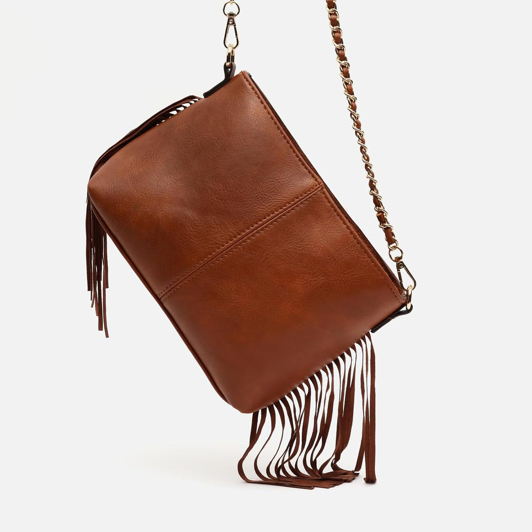 MISAKO Anabela Kleine Umhängetasche mit Fransen Damen - Anabela Kamel 15 X 23 X 9 cm, Anabela Kamel