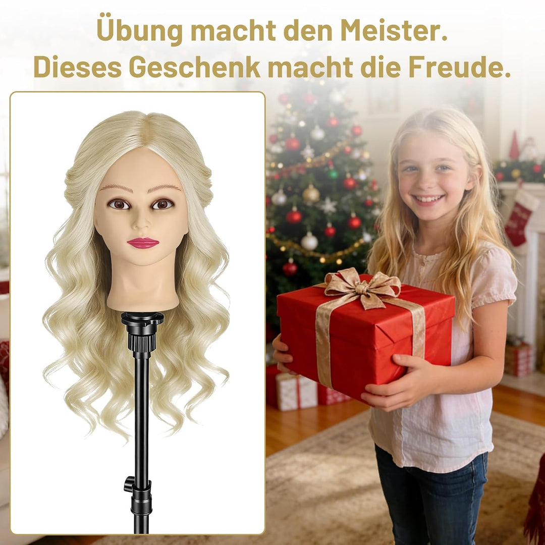 TwoWin Frisierkopf 80% Echthaar, Übungskopf 24 Zoll /60cm Friseurkopf, Trainingskopf für Friseure fü