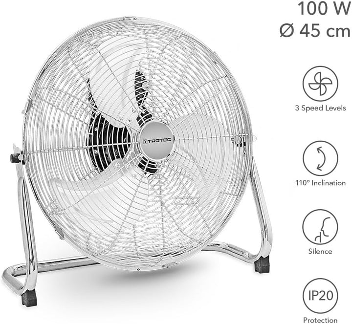TROTEC Bodenventilator TVM 18 – 100 Watt, Neigungswinkel 110°, 3 Stufen, Ø 45 cm, kippfester Stand,