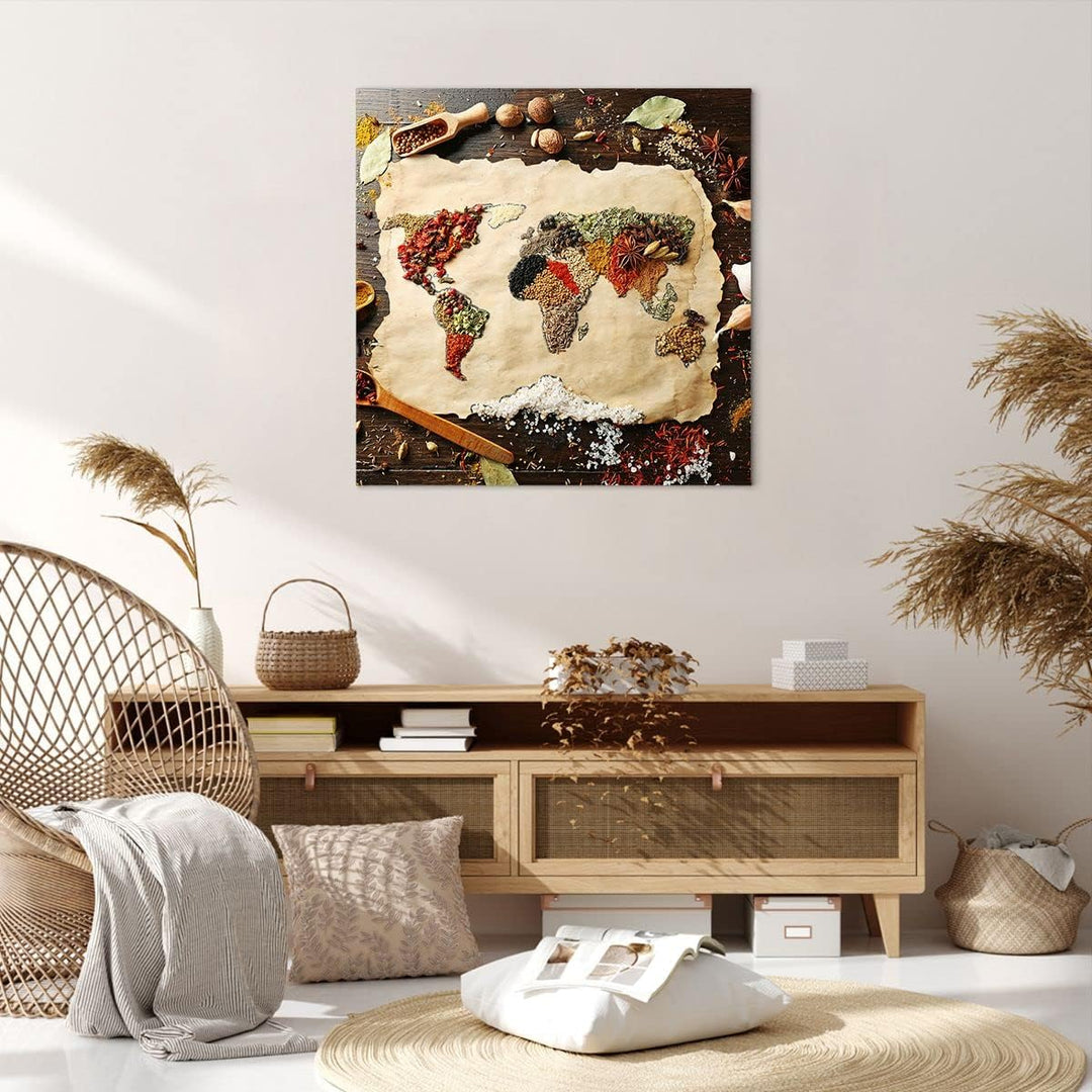 Bilder auf Leinwand 70x70cm Leinwandbild Welt Karte Gewürze Farben Gross Wanddeko Bild Schlafzimmer