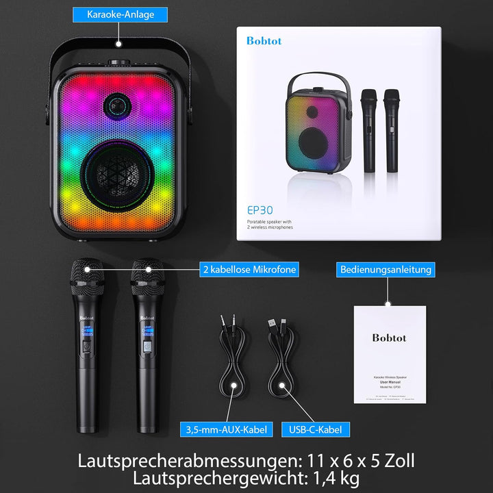 Karaoke Maschine für Erwachsene mit 2 kabellosen Mikrofonen, tragbarer Bluetooth-Lautsprecher mit St