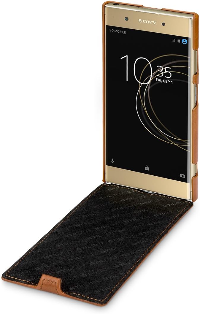 STILGUT Eder-Hülle kompatibel mit Sony Xperia XA1 Plus dünnes Flip-Case, Cognac, Cognac