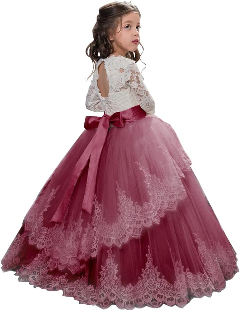 PLWEDDING Spitze Lange Ärmel Blumenmädchen Kleid Prinzessin Tüll Kleid für Kinder Erstkommunion Klei