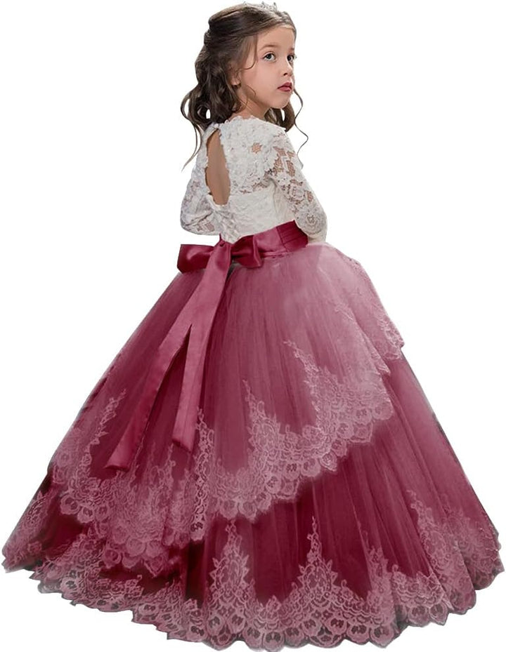 PLWEDDING Spitze Lange Ärmel Blumenmädchen Kleid Prinzessin Tüll Kleid für Kinder Erstkommunion Klei