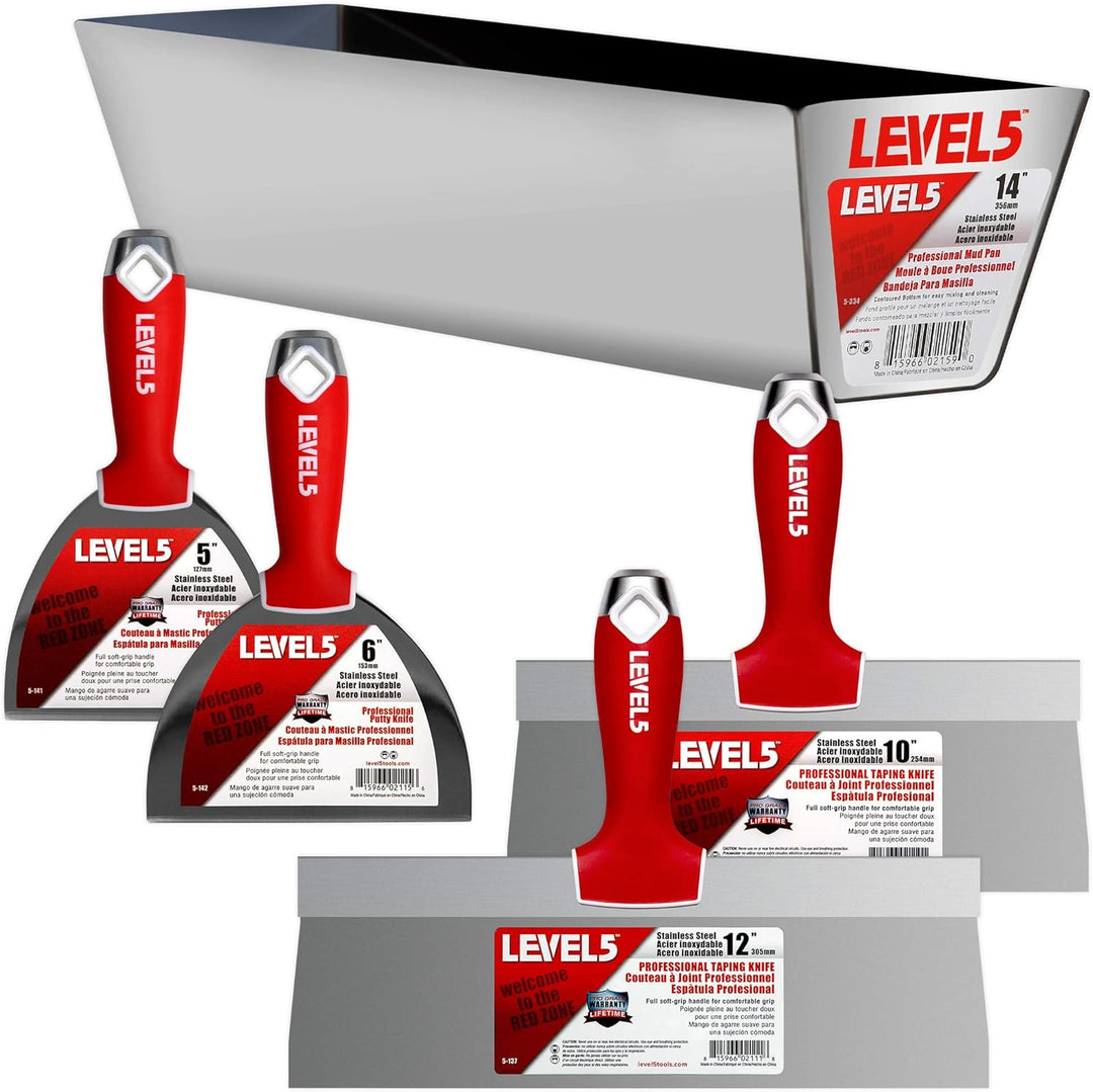 Trockenbau-Handwerkzeug-Set, Edelstahl - LEVEL5 | Fugen-/Tapiermesser + 35,6 cm Schlammpfanne | Soft