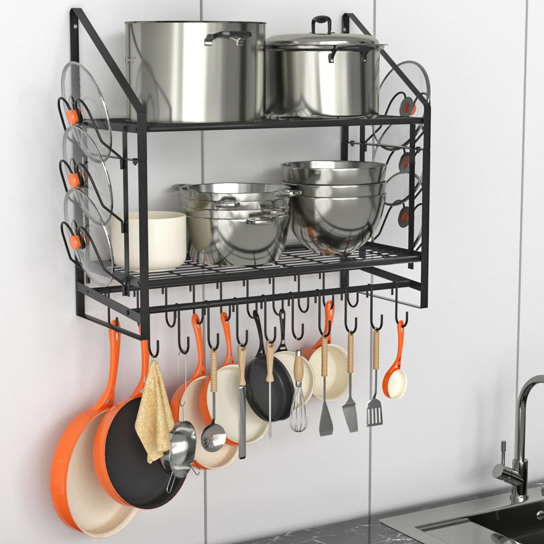 Wandmontierter Topfhalter, 2-stöckiger Topf- und Pfannenhalter mit 20 Haken und 6 Topfdeckelhaltern,