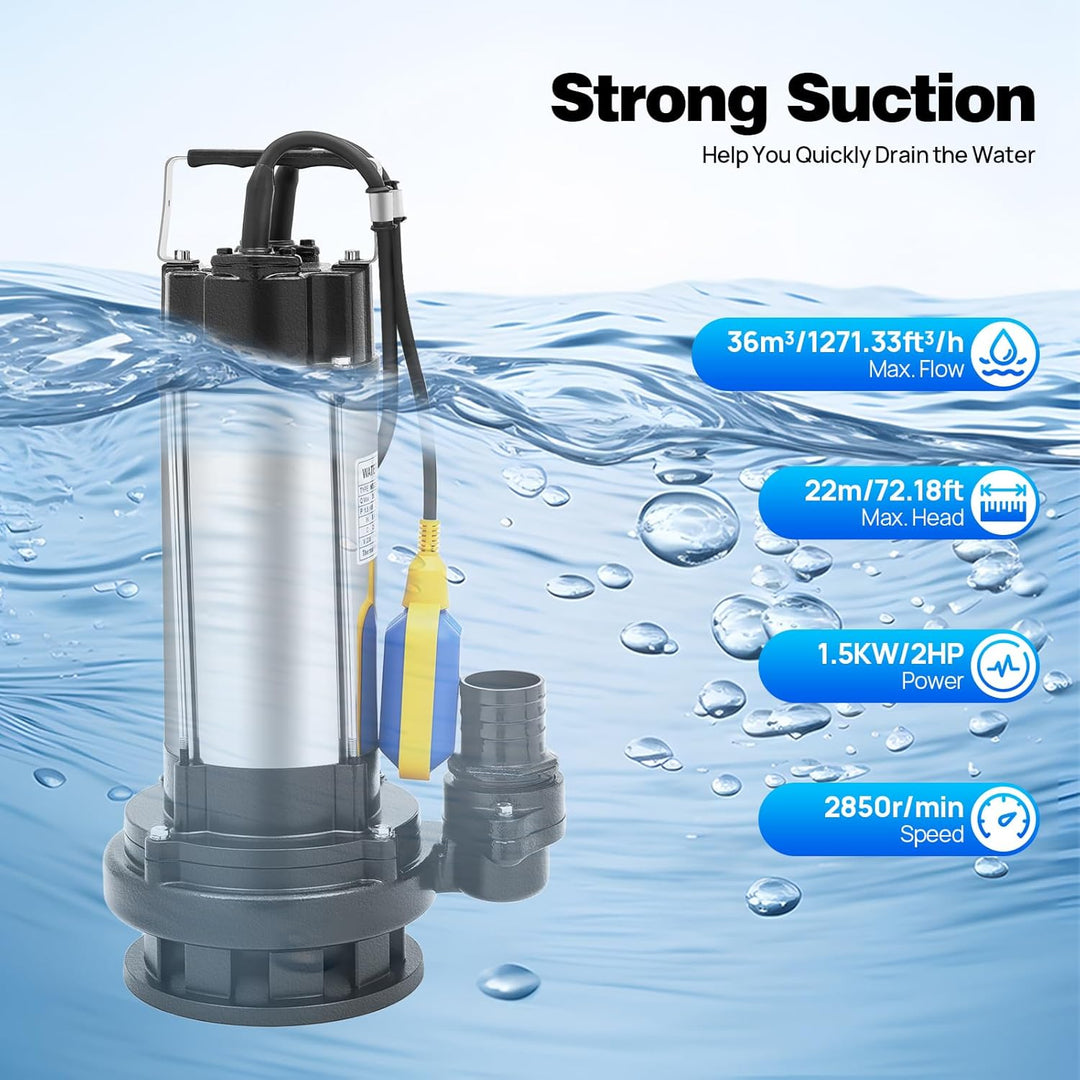 1500W 36000 L/H Edelstahl Schmutzwasserpumpe Schumutzwasser Fäkalienpumpe Schwimmerschalter, Wassere