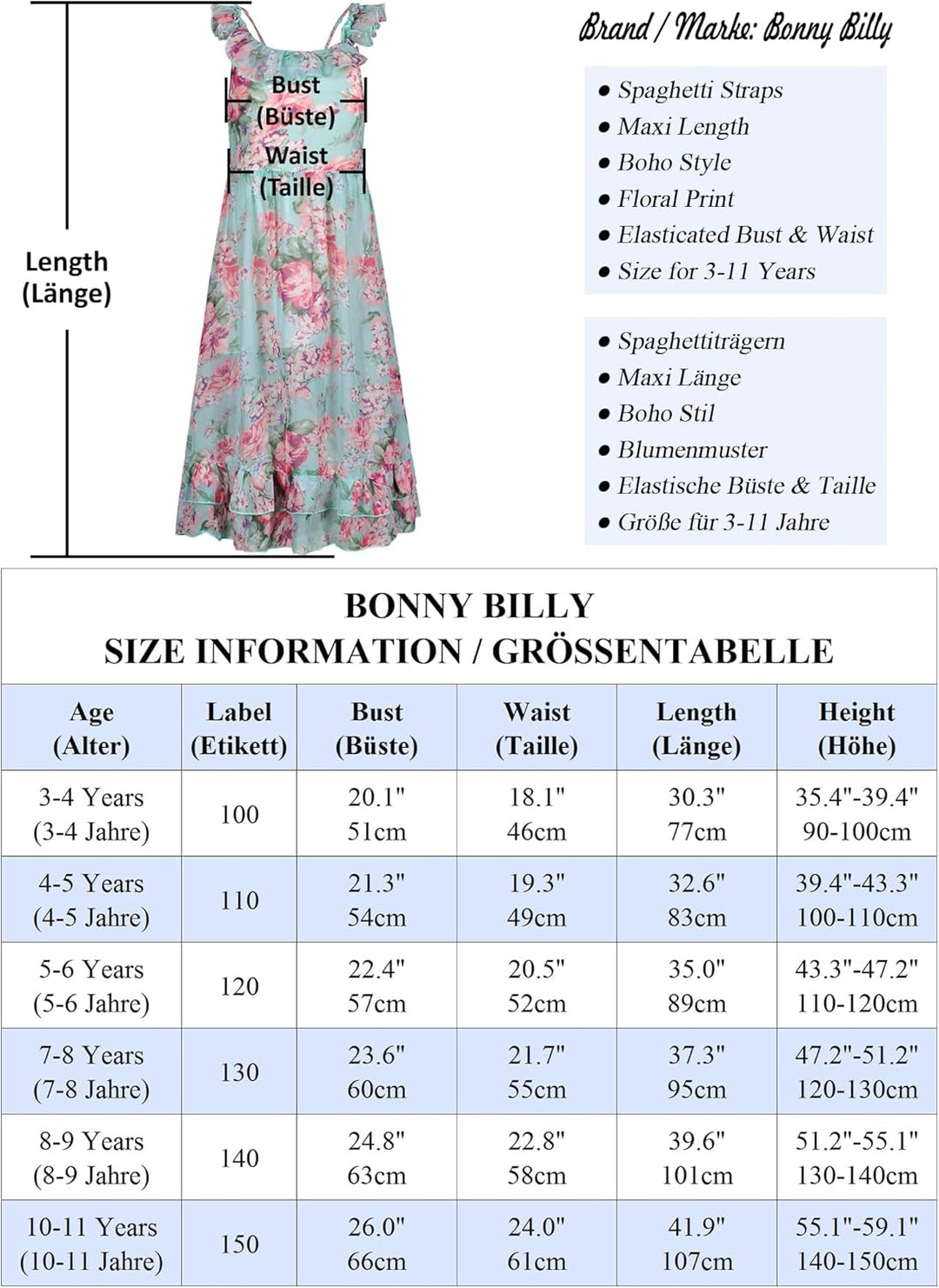 BONNY BILLY Mädchen Kleider Freizeit Blumen Sommerkleid Strandkleid Chiffonkleid Maxikleid mit Rüsch
