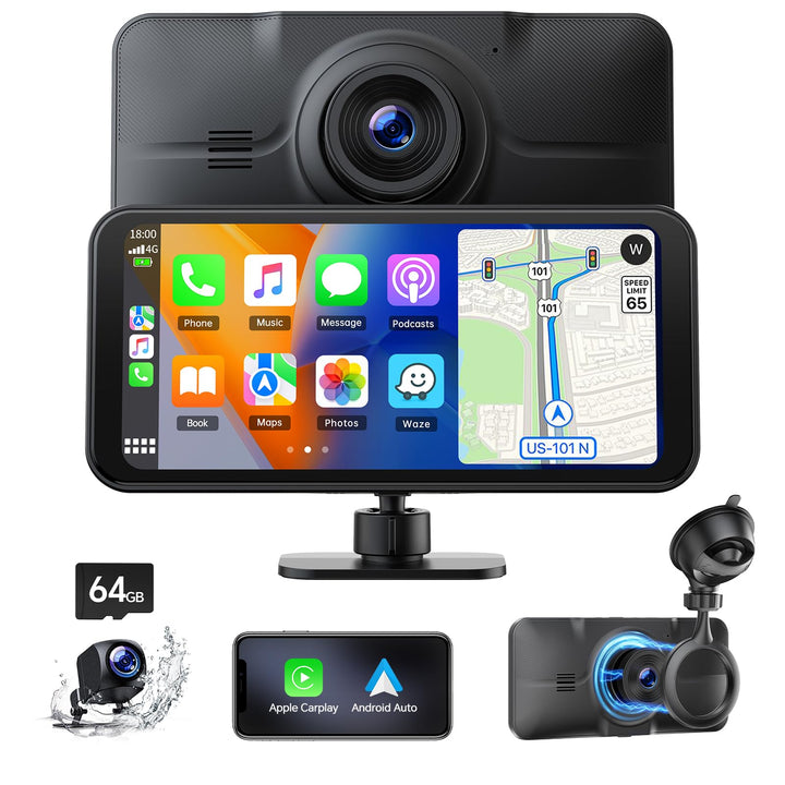 LAMTTO Wireless CarPlay Display mit 4K+1080P Dashcam Vorne Hinten und 6,25 Zoll Bildschirm, Tragbare