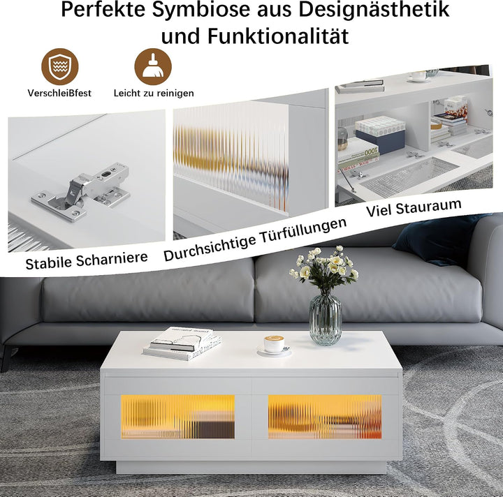 KEEPREAPER Couchtisch Wohnzimmertisch mit LED Beleuchtung, Sofatisch mit 2 Ablagefächern für Wohnzim