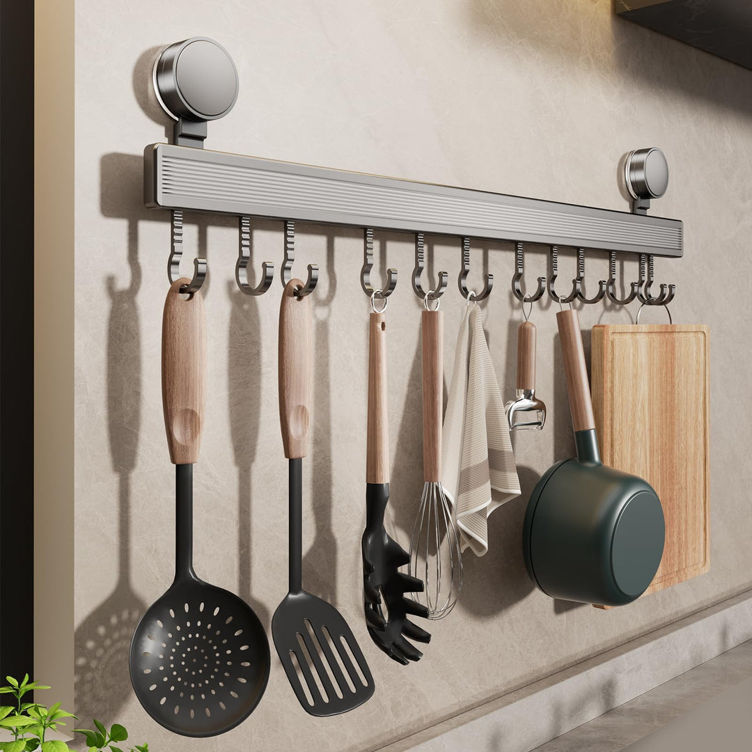 FERCOSEN Hakenleiste Küche ohne Bohren mit Saugnapf | 12 Haken, 60 cm lang, 20 kg Tragfähigkeit, 1-M
