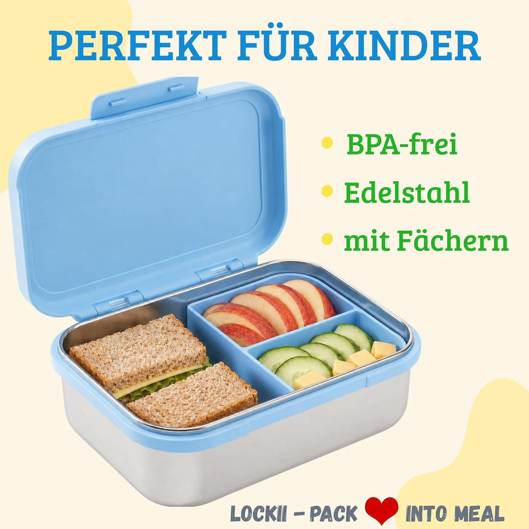 Kinder Brotdose Edelstahl 1000 ml mit Snackbox – Lunchbox mit Fächern, Edelstahl-Boden und BPA-freie
