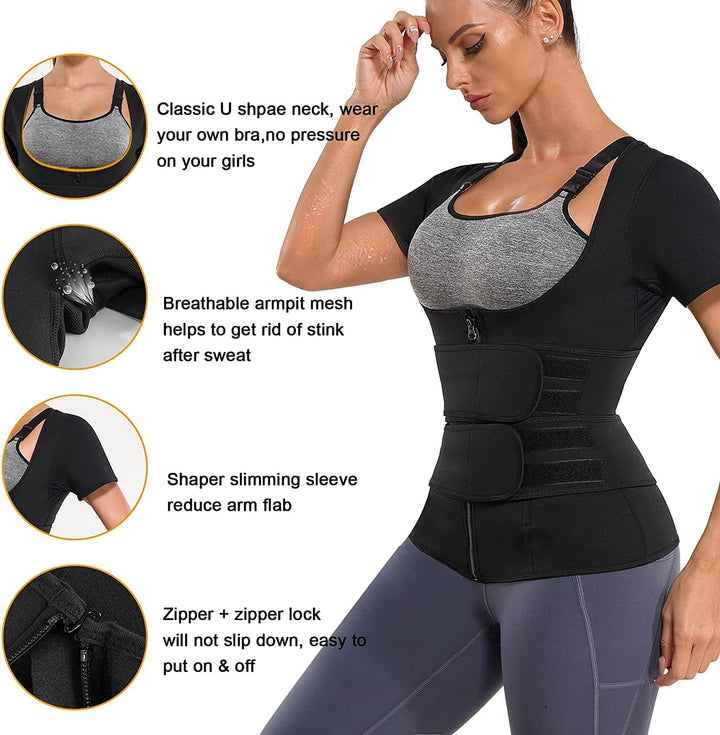 KUMAYES Neopren Sauna Weste mit Bauchweggürtel Damen Shirt Thermo Saunaanzüge Tanktop Unterbrust Fit