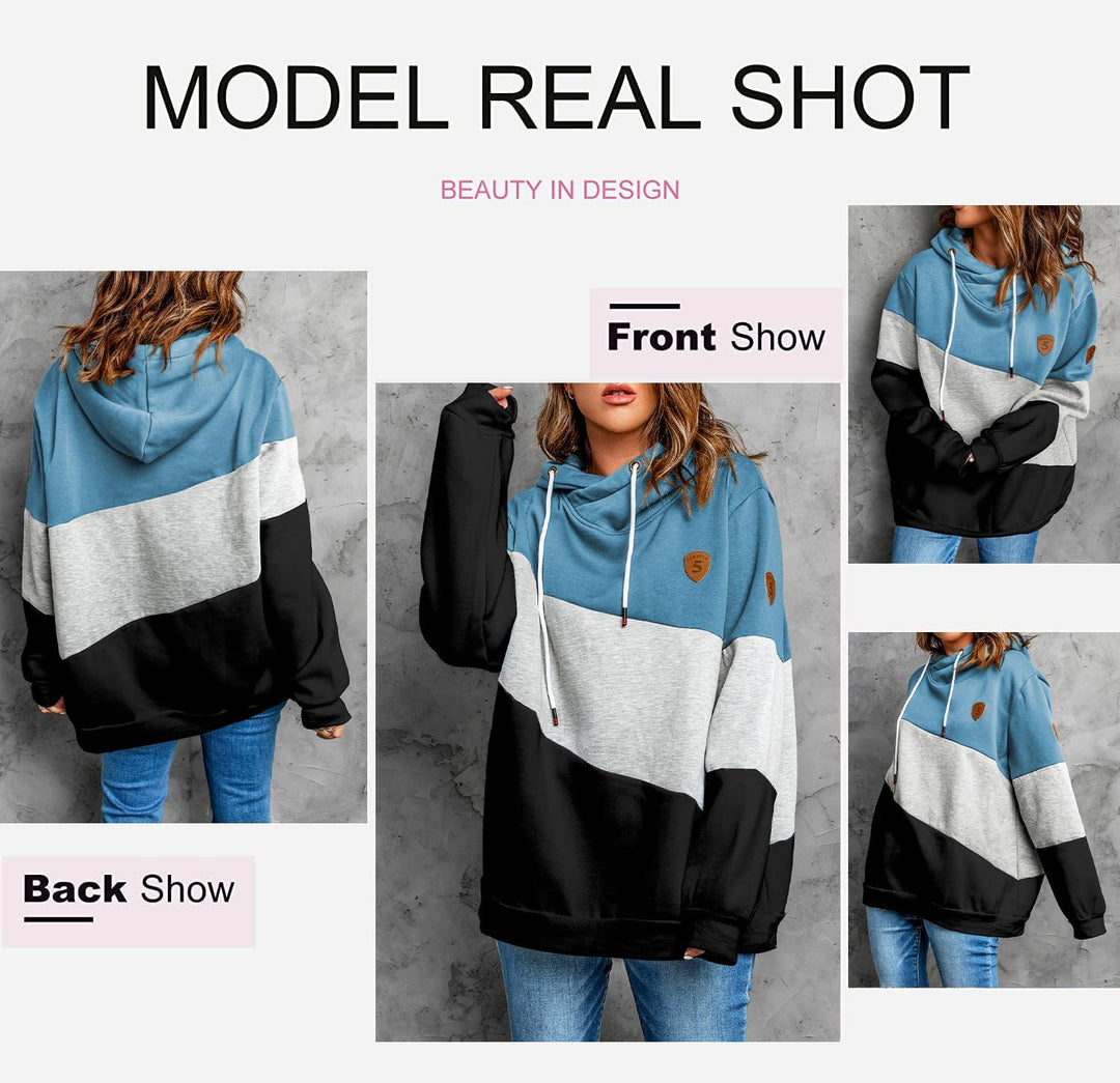 Damen Kapuzenpullover Stehkragen Hoodie Pullover Farbblock Sweatshirt Langarmshirt Oberteile für Her