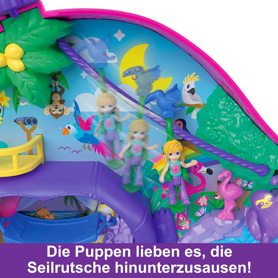 Polly Pocket Faultierfamilie 2-in-1 Taschenschatulle - Tropisches Abenteuer mit 12 Accessoires, Dsch