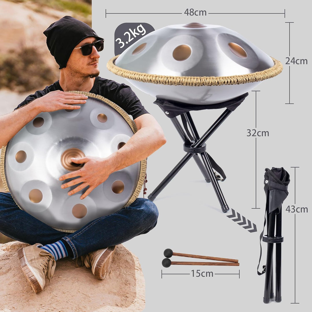 Handpan 432 HZ für Anfänger, Stahltrommel 9 Töne 19 Zoll, Hand Pan in D-Moll, Hand Drum mit Drumtasc