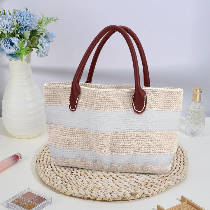 ORIGACH Handtasche Häkelset mit PU-Lederband und -Basis Für Anfänger, DIY Beige gestreifte Tasche St