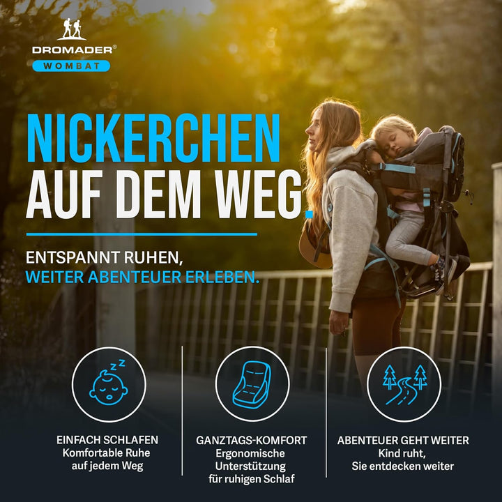 DROMADER Babytrage | Schwarz und Blau | Kinder bis 22kg | Bequem für Eltern | | mit Seitenspiegel |