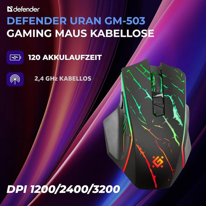 Defender® Uran Kabellose Gaming Maus – Wireless Funkmaus mit RGB, 3200 DPI, FIRE-Taste, 5 Tasten & 1