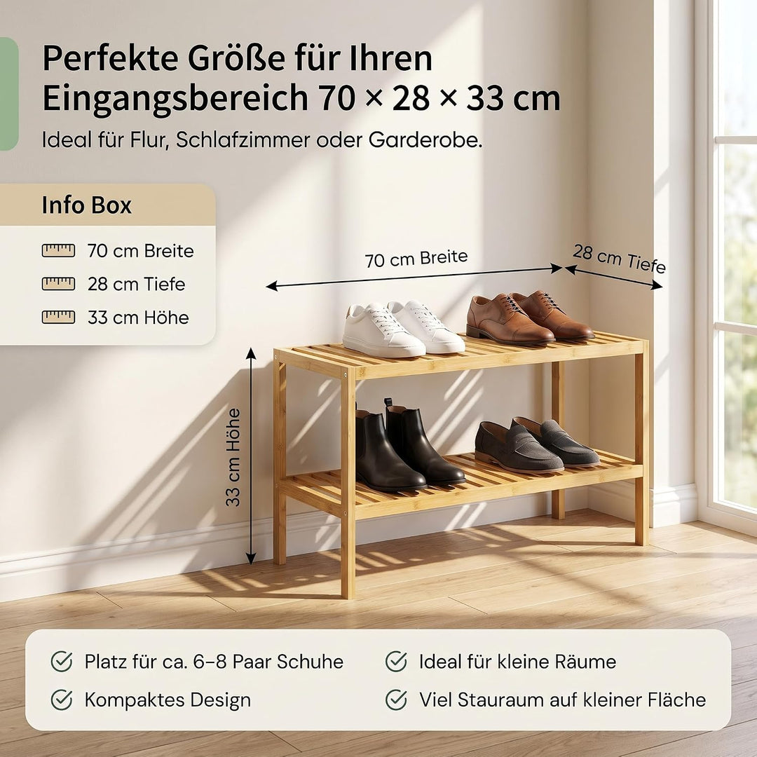 hausleben Bambus Schuhregal, 2 Ebenen, 70x28x33 cm, Naturholz Standregal | Platzsparendes Design, Le