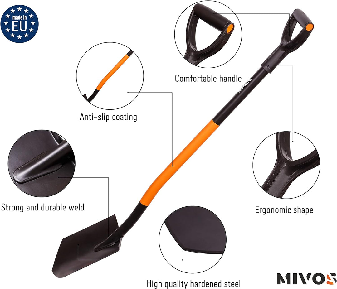 Mivos Ergonomic Spitzspaten aus Kohlenstoffstahl - 124 cm – Gärtnerspaten mit Gehärtetem Spitzblatt