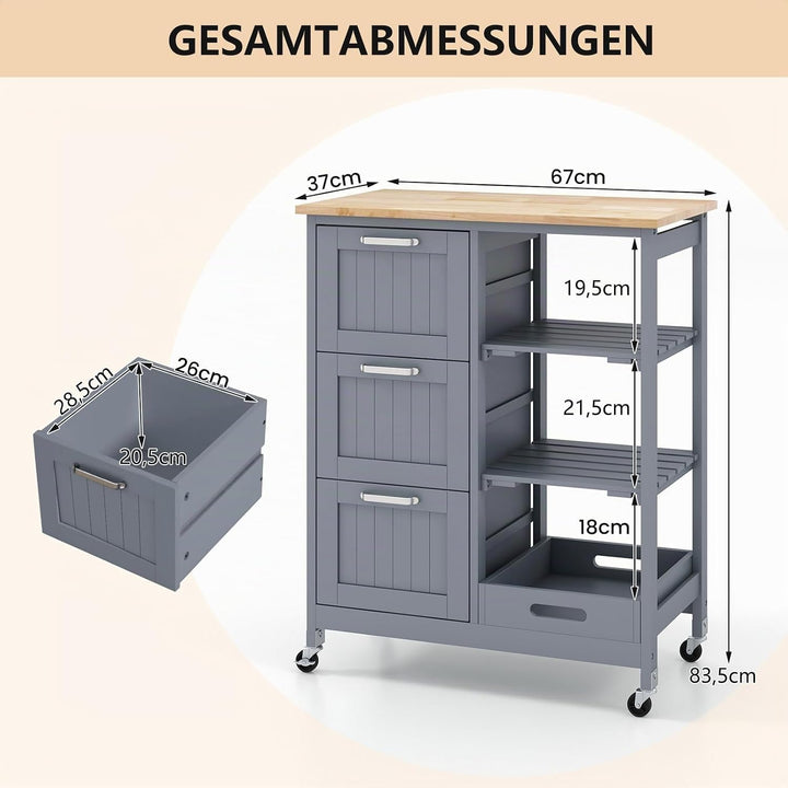 COSTWAY Küchenwagen mit Tablett, Regalen und 3 grossen Schubladen, Küchenschrank rollbar, Kücheninse