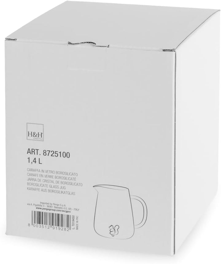 H&H Karaffe – Transparentes Borosilikatglas – 1,4 L – Weisser Henkel – Integrierte Miniatur in Eichh