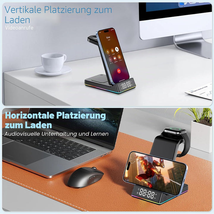 5 in 1 Ladestation Apple Watch und iPhone, Wireless Charger Induktive Ladestation iPhone mit Uhr LED