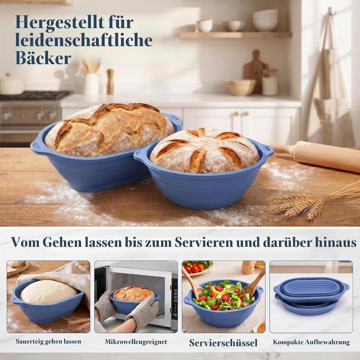 2 Stück Silikon Gärkörbchen für Brot, 29 cm Oval und 25 cm Rund, Eingebauter Verstärkter Stahlfelgen