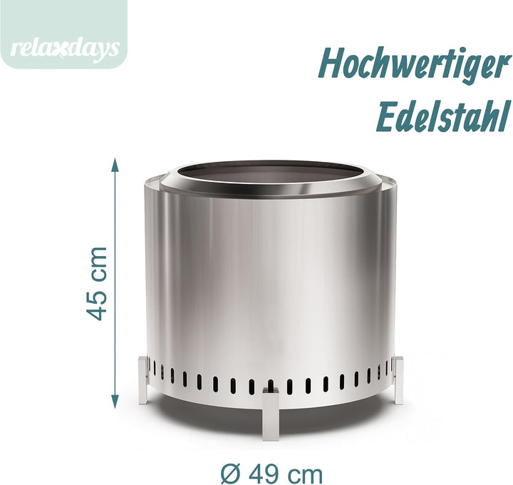 Relaxdays Feuerschale ohne Rauch, Edelstahl, HxD 45 x 49 cm, Standfuss &amp; Aschebehälter, rauchfreie F