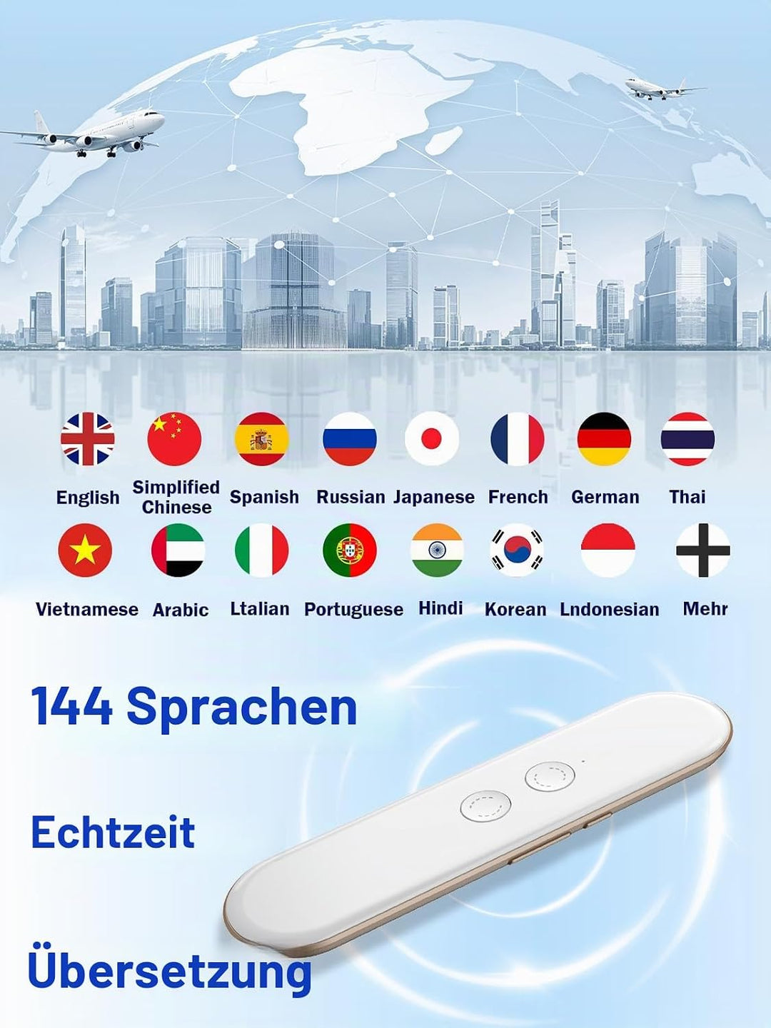 Wooask G9 Sprache Übersetzer Gerät, Zwei-Wege-Echtzeit-Übersetzung Unterstützung 144 Sprachen, 8 Spr