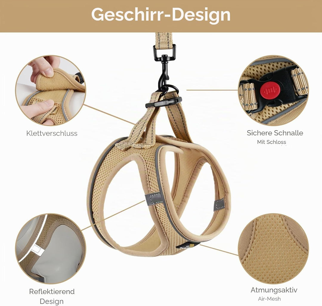 BELLA &amp; PAL Hundegeschirr Kleine Hunde mit Leine, Step-in Geschirr aus Air Mesh, Anti Zug Reflektier