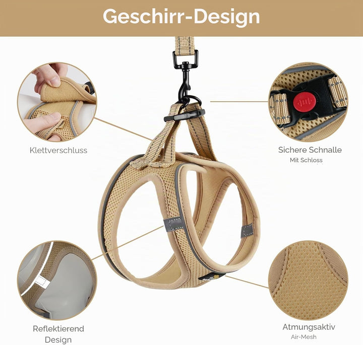 BELLA &amp; PAL Hundegeschirr Kleine Hunde mit Leine, Step-in Geschirr aus Air Mesh, Anti Zug Reflektier