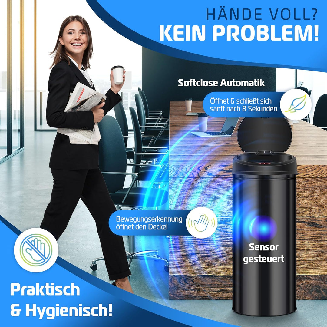 KESSER Sensor Mülleimer ✓ Automatik ✓ Abfalleimer ✓ Abfall | Edelstahl | 56 Liter SCHWARZ, 56 Liter