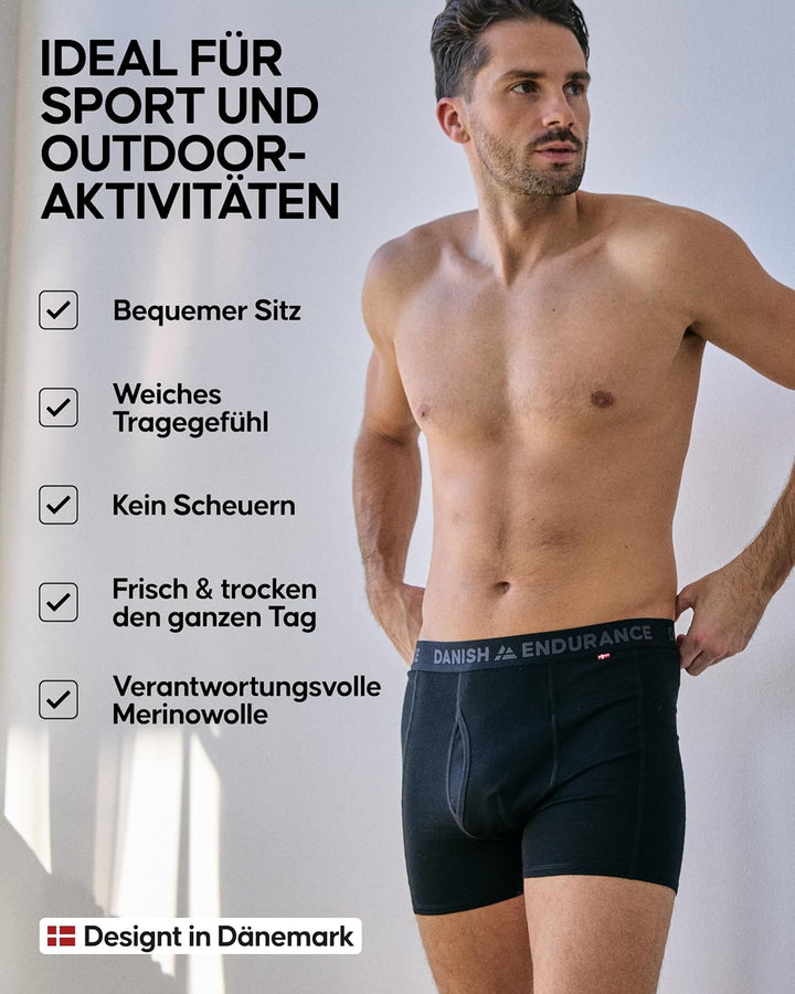 DANISH ENDURANCE Merino Boxershorts Herren, 2er Pack | Merino Boxershorts mit oder ohne Eingriff, Ge