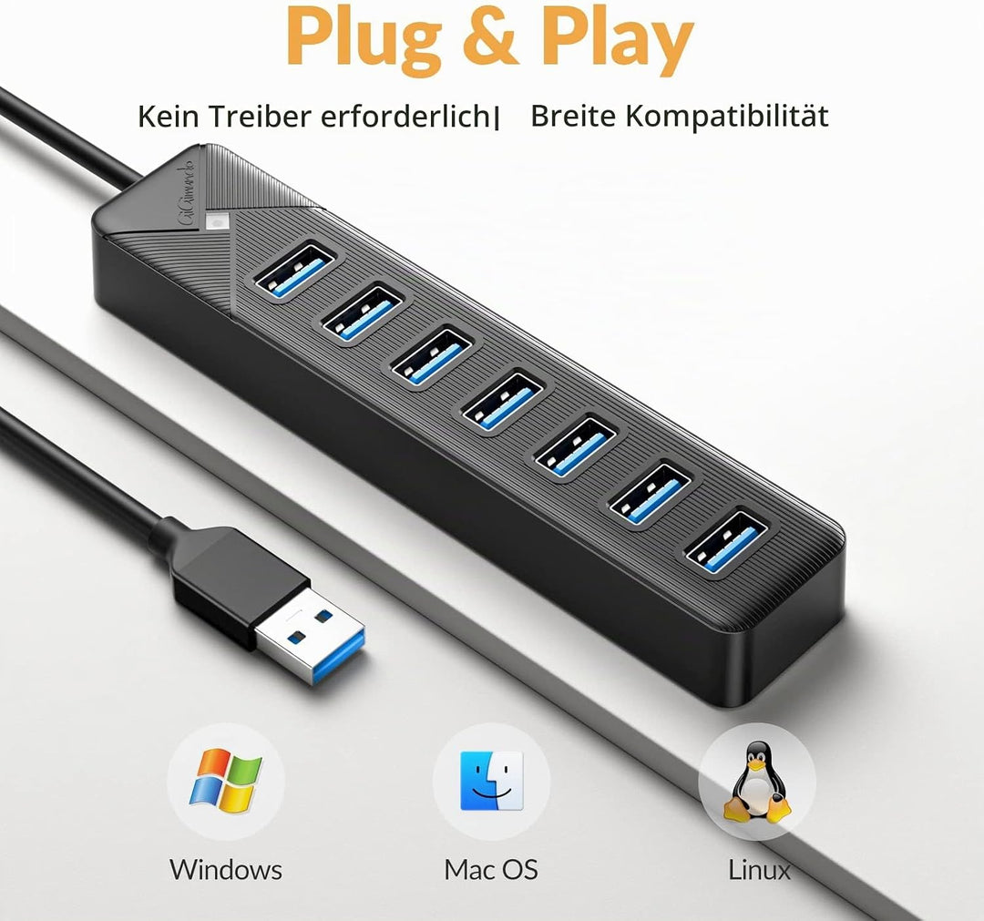 GiGimundo PG7U USB Hub 3.0, 7-Port USB Verteiler, 50CM Kabel mit 5V/3A Stromeingang, Mehrfach USB St