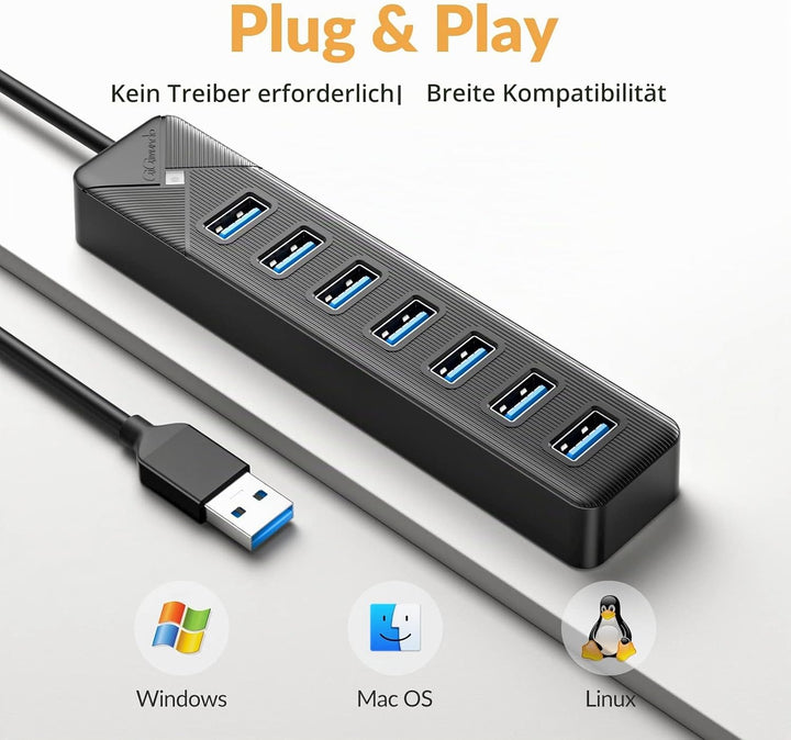 GiGimundo PG7U USB Hub 3.0, 7-Port USB Verteiler, 50CM Kabel mit 5V/3A Stromeingang, Mehrfach USB St