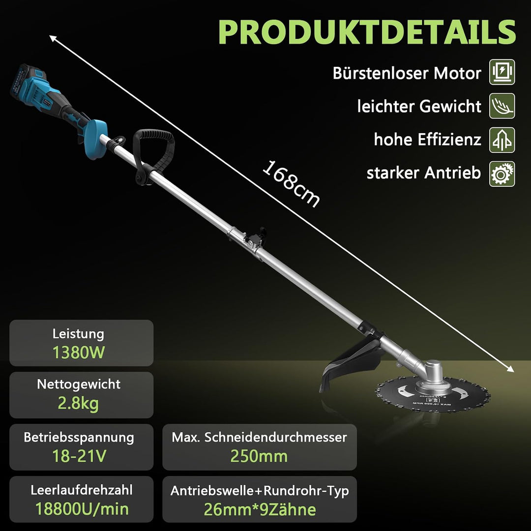 1380W Akku Rasentrimmer für Makita-Akkus, mit 2 Akkus und Ladegerä | 7-In-1 Akku Freischneider mit U