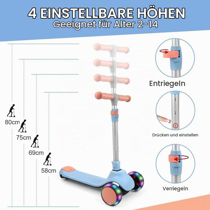 Kinderroller ab 3 Jahren, Roller Kinder mit LED-Rädern, Faltbare Kinderscooter für 3-10 Jahren Blau,