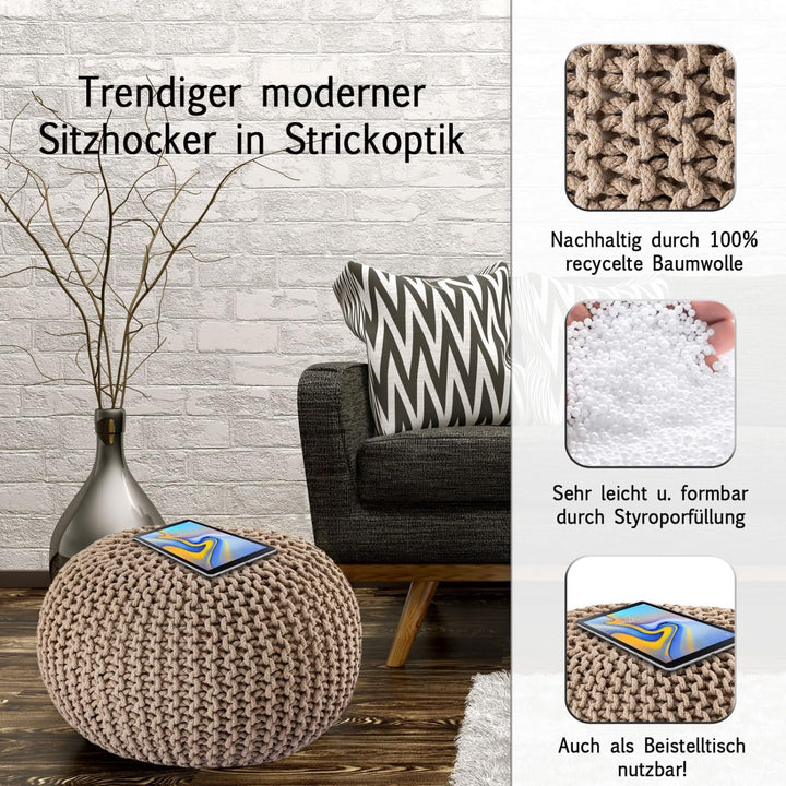 casamia Pouf Ø 55 o. 45 cm Sitzpouf Strickhocker Sitzpouf Bodenkissen nachhaltig Grobstrick Optik Gr