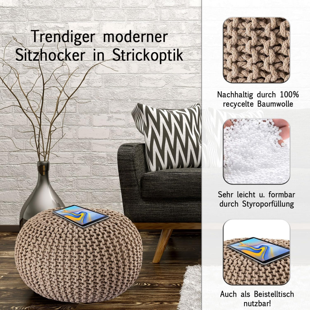 casamia Pouf Ø 55 o. 45 cm Sitzpouf Strickhocker Sitzpouf Bodenkissen nachhaltig Grobstrick Optik Gr
