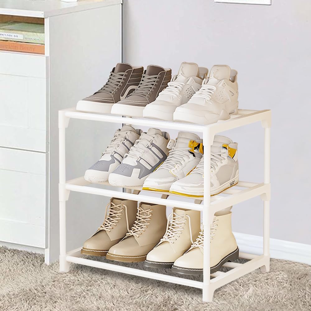Schuhschrank Schmal, Schuhregal mit 3 Ebenen, Schuhablage Metall, Stapelbars Schuhregal Weiss, Schuh