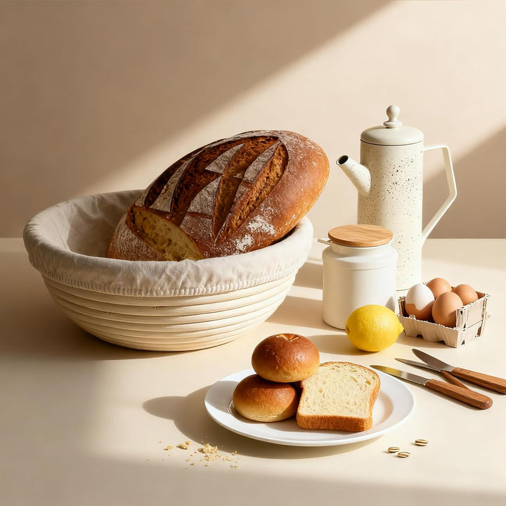 GEEKHOM Gärkörbchen Rund 23cm aus Natürlichem Rattan - Gärkorb Brot mit Waschbarem Bäckerleinen für