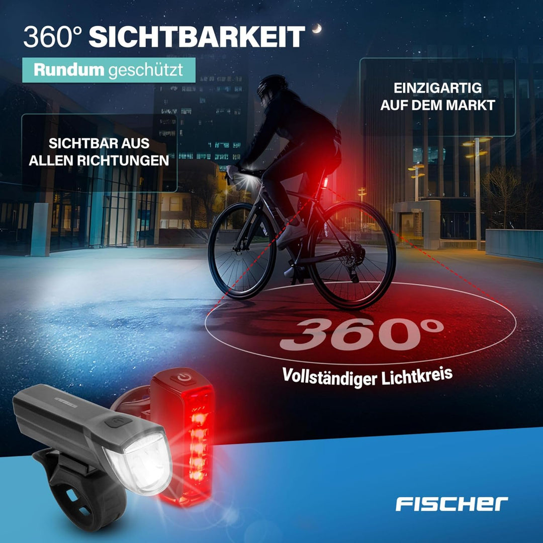 Fischer Twin Fahrradlicht Set, 360° Bodenbeleuchtung, LED Fahrradlampe 30 Lux, Akku aufladbar mit US